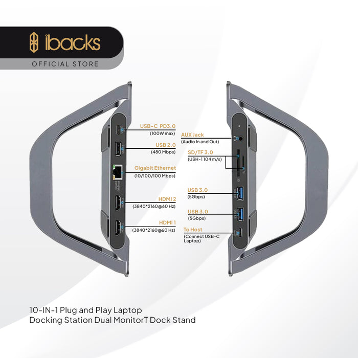 ibacks Multiport Docking Station 100 Watt USB AUX Jack HDMI