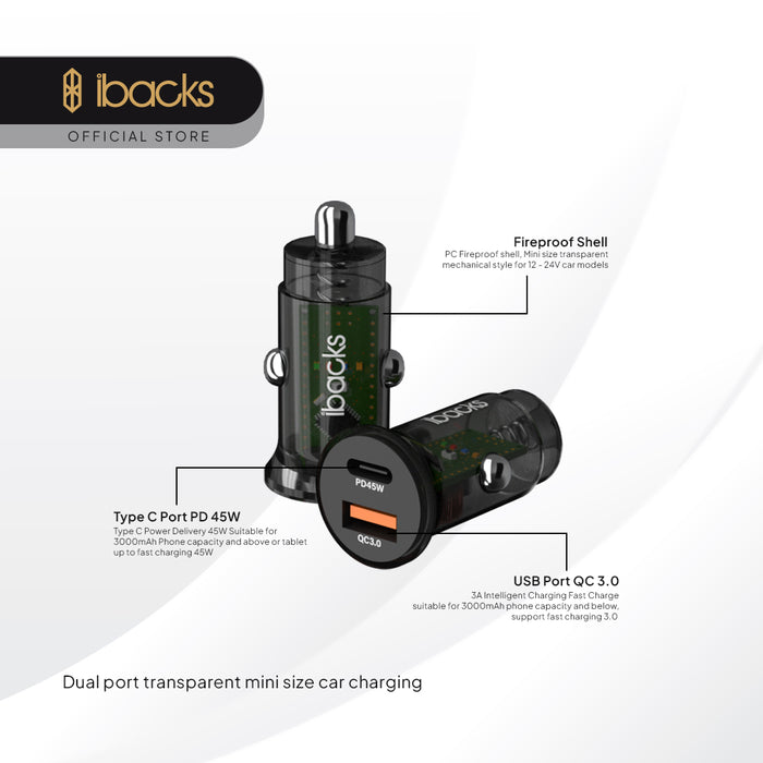 Ibacks Z1 Car Charger Transparant dual Port 45 watt