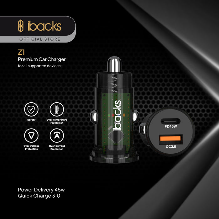 Ibacks Z1 Car Charger Transparant dual Port 45 watt