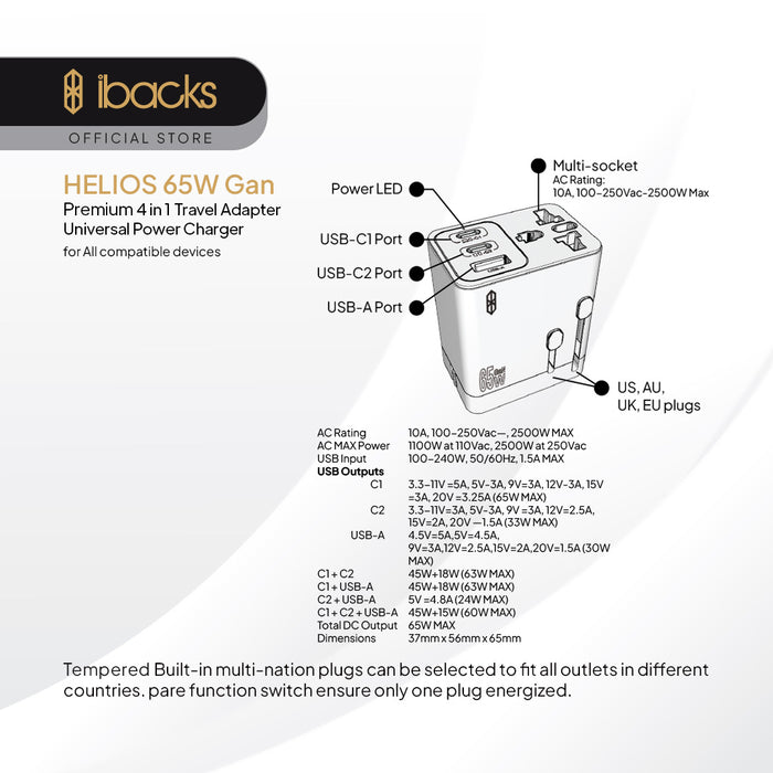 Ibacks Helios Universal travel charger 65 Watt White