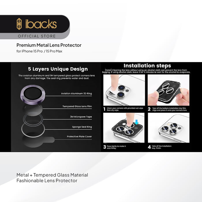ibacks Metal Frame Camera Lens Protector for iPhone 15/15 Plus Black