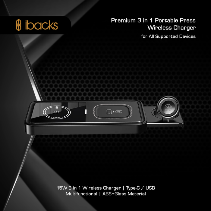 Ibacks 3 in 1 Portable Press Wireless Charger Black