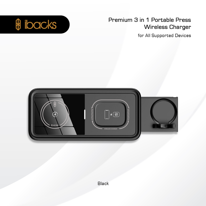 Ibacks 3 in 1 Portable Press Wireless Charger Black
