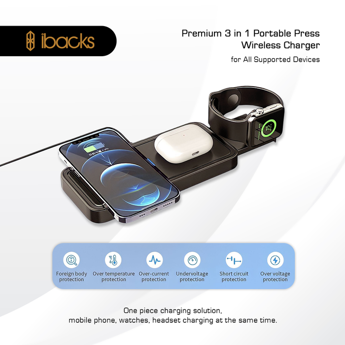 Ibacks 3 in 1 Portable Press Wireless Charger Black