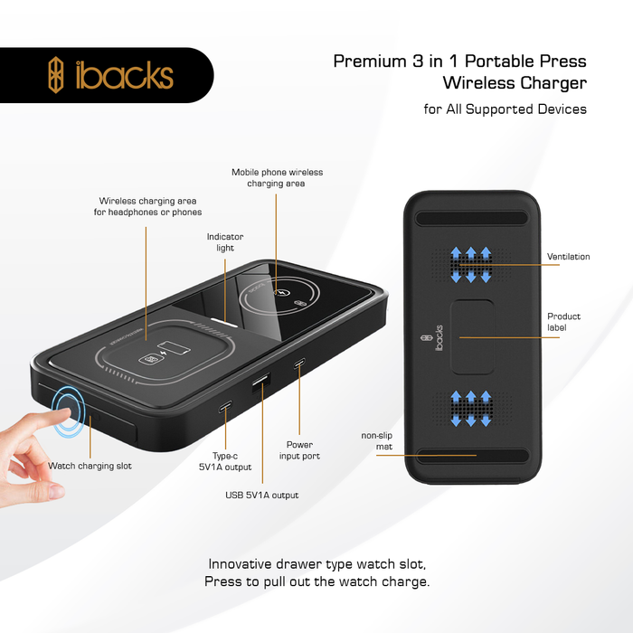 Ibacks 3 in 1 Portable Press Wireless Charger Black