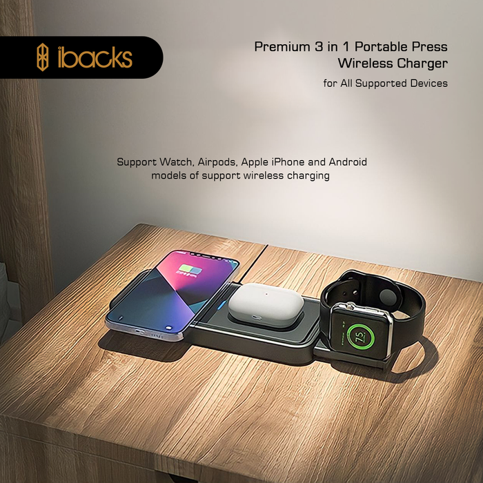 Ibacks 3 in 1 Portable Press Wireless Charger Black