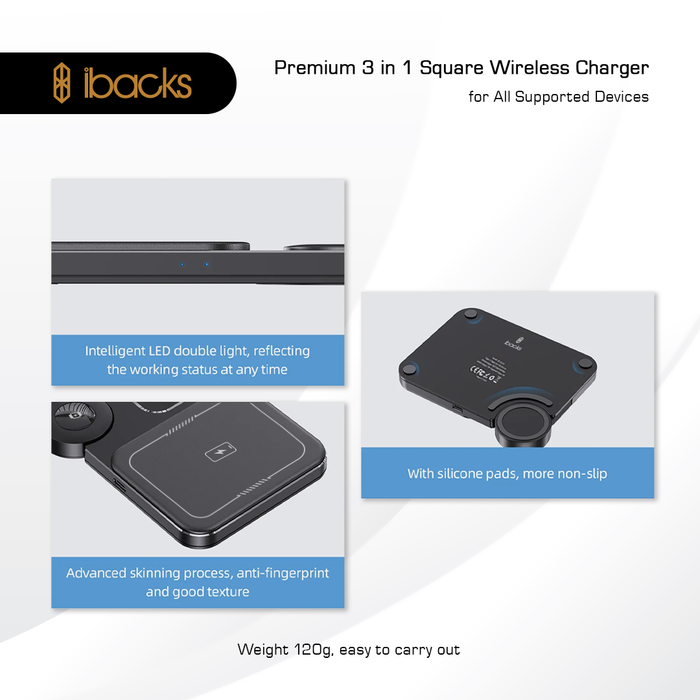 Ibacks 3 in 1 square Wireless Charger Black